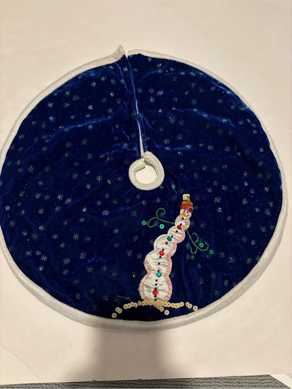 Small Navy Blue Velvet Christmas Tree Skirt with Sequin Snowman